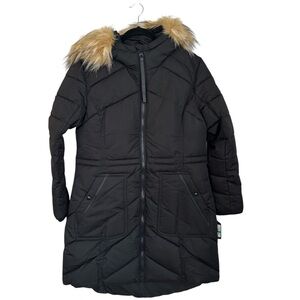 Guess Women’s Black Zip-Up Puffer Coat with Faux Fur Hood Trim Sz L NWT